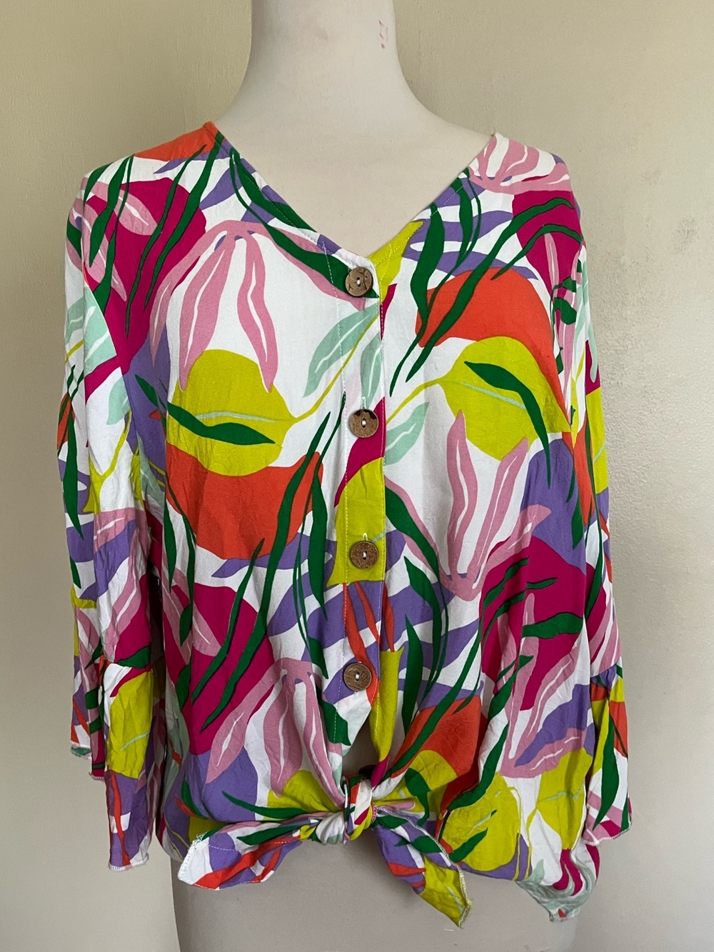 Tie-Front Floral V-Neck Blouse - Multicolor